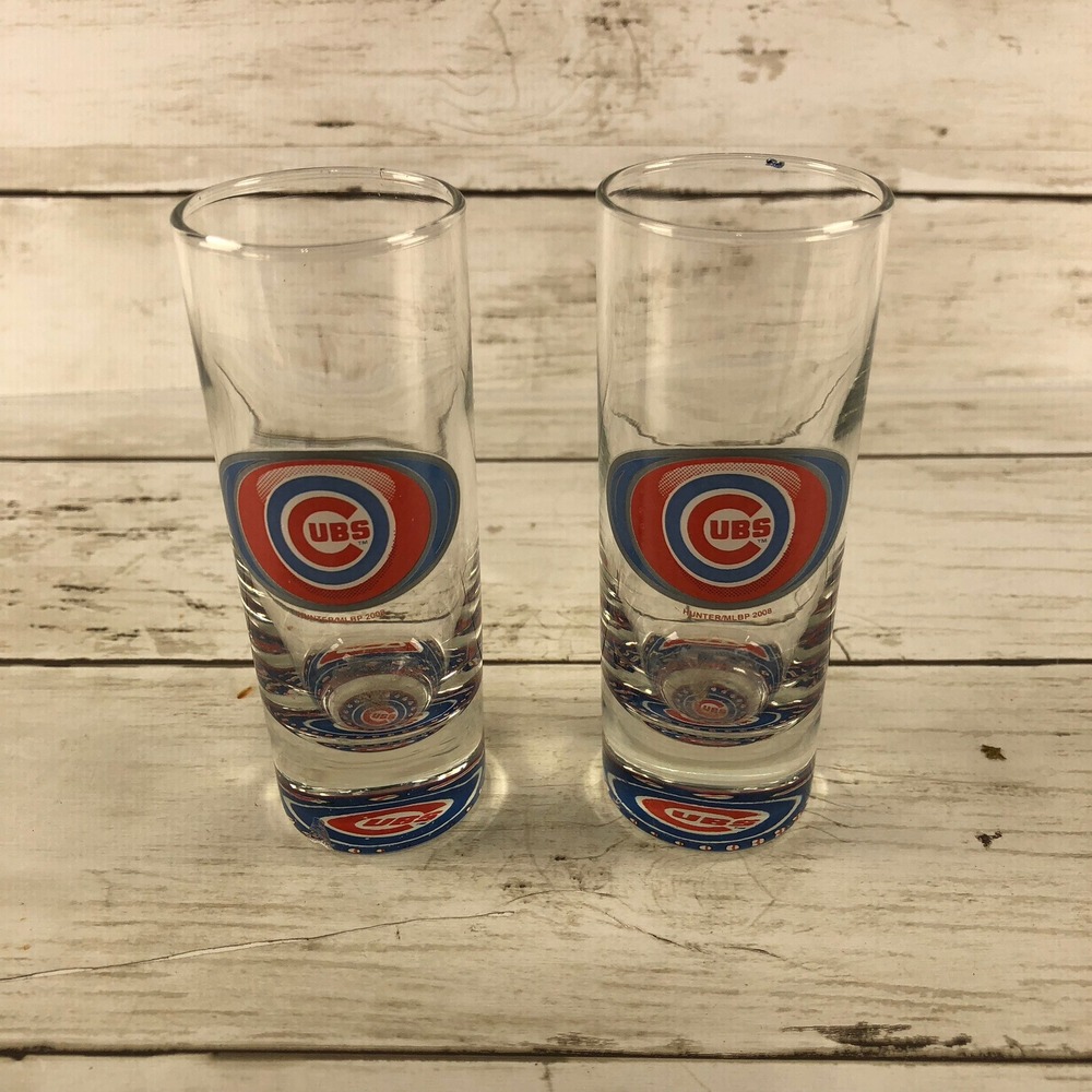Chicago Cubs MLB Shot Glass‎ Set of 2 Tall Slender 2008 Hunter MLBP Logo Barware